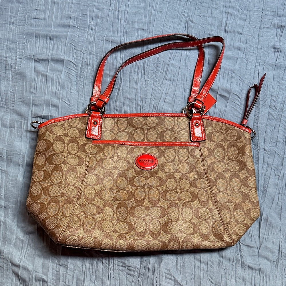 Coach Tan and Red Signature Shoulder Bag